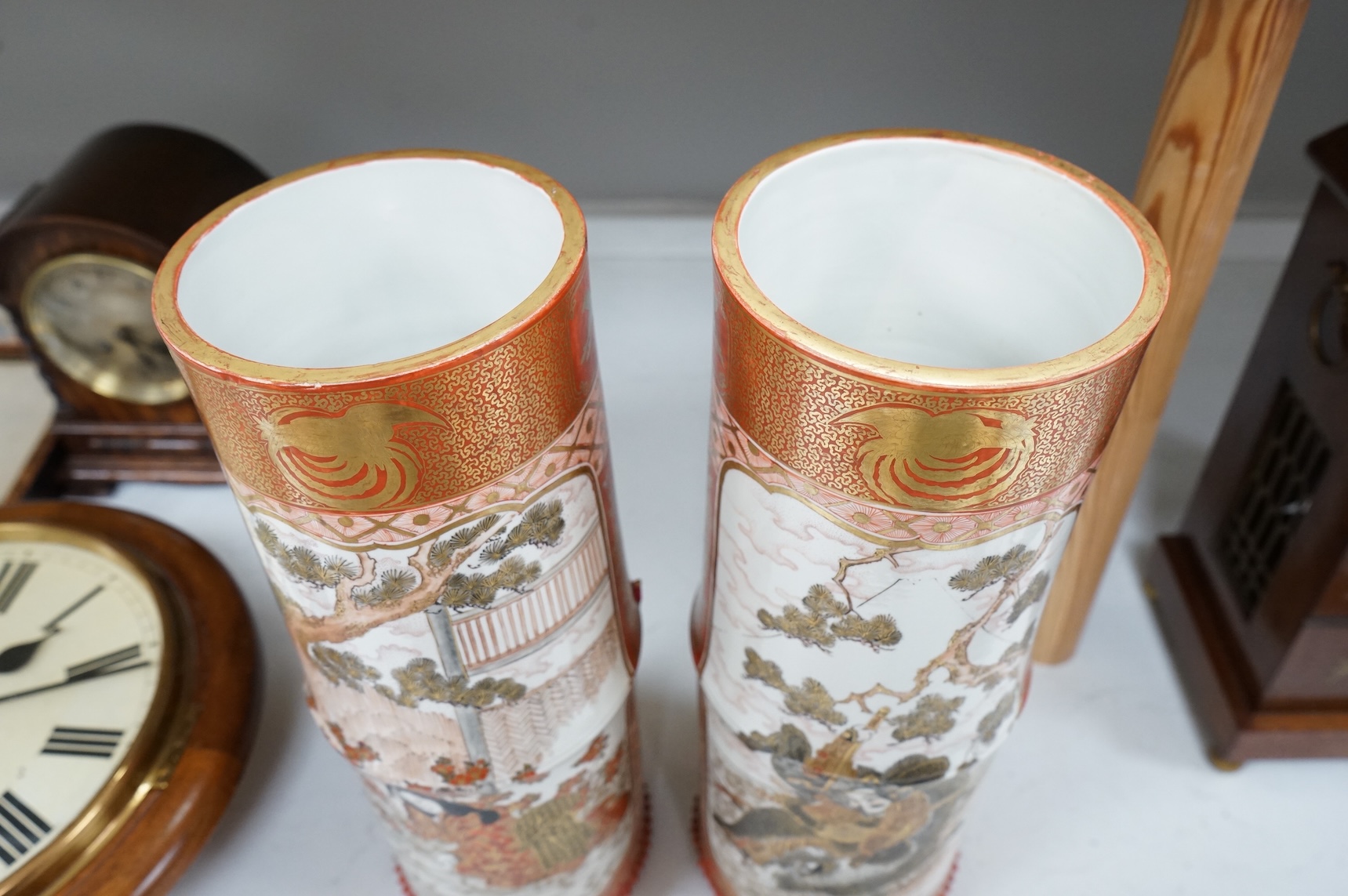 A pair of large Japanese Kutani bamboo shaped vases, Meiji period, 37.5cm high